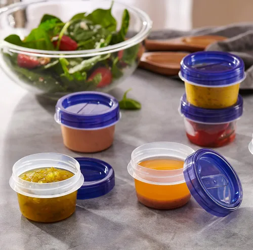 Vista 3 de PLASTICPRO Paquete de 6 Recipientes de Almacenamiento de Alimentos con Tapa Giratoria con Tapa Azul Atornillable - Recipientes Reutilizables de 4 oz