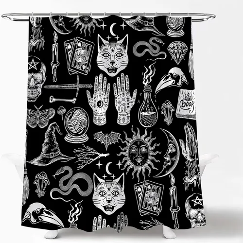 Vista 2 de Cortina de ducha de bruja de Halloween, color negro, espeluznante, alquimia gótica, psíquica, espeluznante, calavera, esqueleto, tablero de Ouija