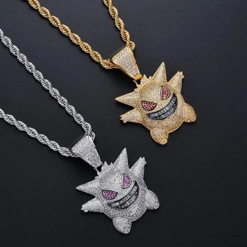 Vista 6 de KMASAL Jewelry Men Hip Hop Iced Out Bling CZ Diamond Vampire Mask & Bull Pendant 18K Gold and Silver Plated with 24 Inch Rope Chain