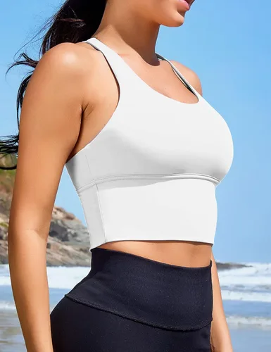 Vista 3 de Sujetadores deportivos para mujer, camisetas cortas de línea larga, camisetas sin mangas, camisola para gimnasio, yoga, entrenamiento, correr