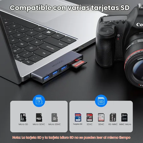 Vista 5 de MOGOOD Hub USB para portátil, divisor USB 3.0 5 en 1 lado izquierdo con SD Modelo Izquierdo