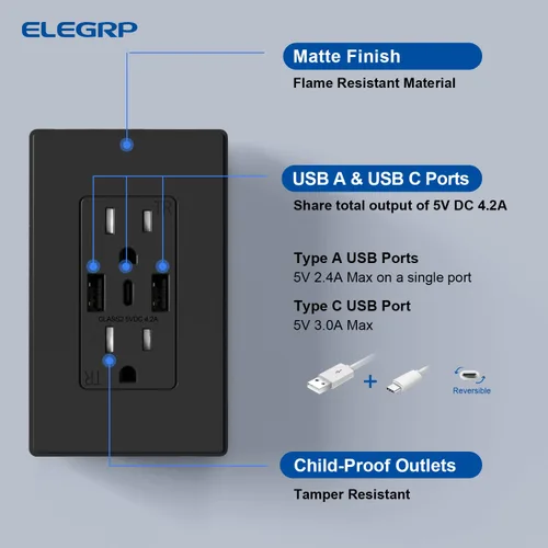 Vista 7 de ELEGRP Tomacorrientes de pared USB, Receptáculos de tomacorrientes de pared USB C de 3 puertos, tomacorrientes negro mate de 15 amperios con 3
