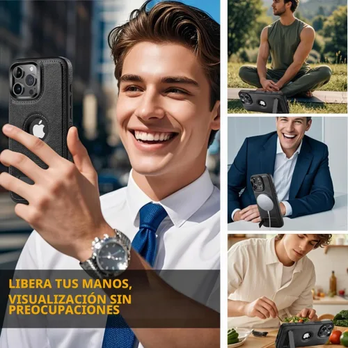 Vista 5 de Funda de piel para iPhone 16 Pro Max, mejorada [fuerte magnética], [compatible con MagSafe] [soporte invisible integrado] Funda protectora delgada