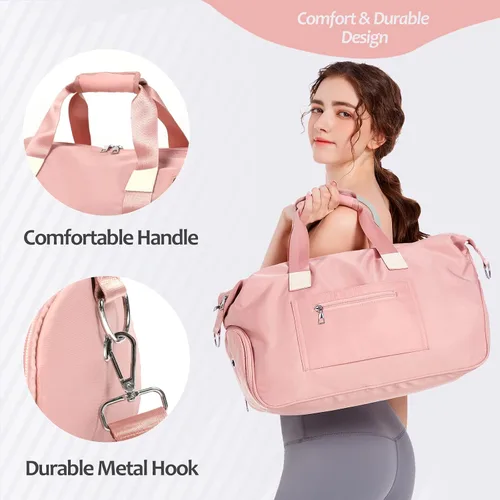 Vista 2 de Bolsa deportiva para gimnasio, bolsa de viaje con bolsillo húmedo y compartimento para zapatos, bolsa de fin de semana para mujeres y hombres, Rosado