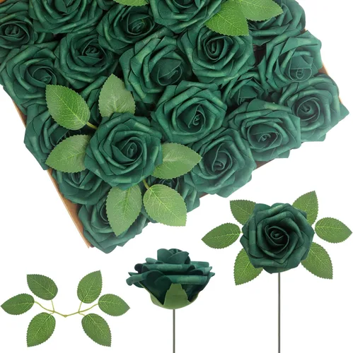 Vista 10 de 25 rosas realistas negras, flores artificiales de espuma de látex con tallos flexibles y 8 hojas para decoración de bodas, hogar y fiestas Negro