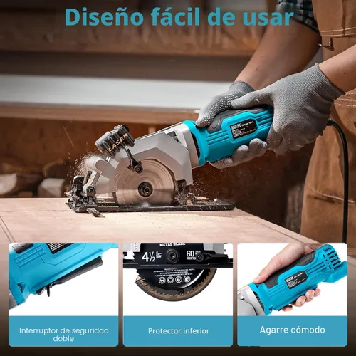 Vista 8 de SEESII Mini sierra circular, 4.8A 4000RPM con cable compacto 4-1/2" sierra