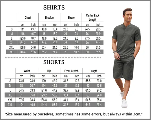 Vista 6 de COOFANDY Conjunto de 2 piezas de lino para hombre, camisas Henley casuales de manga corta, pantalones cortos de yoga para la playa, pantalones