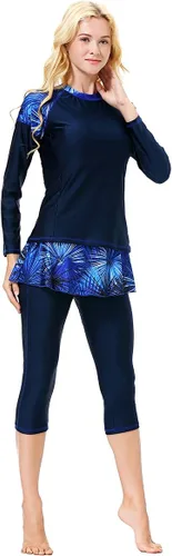 Vista 3 de Traje de baño burkini para mujer, modesto musulmán, traje de baño islámico, manga larga, cubierta completa, hiyab con falda y pantalones capri
