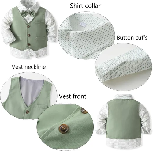Vista 3 de Conjunto de ropa de algodón de manga larga con corbatín + chaleco + pantalones para niños