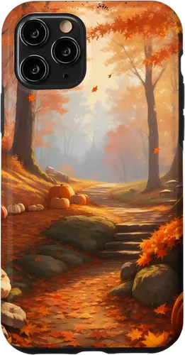 Vista 26 de iPhone 13 Pro Max Idílica escena del bosque de otoño, hojas de otoño, funda de calabazas