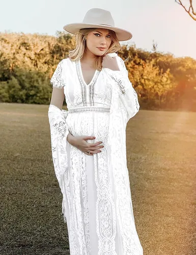 Vista 3 de Vestido de maternidad de encaje con cuello en V para sesión de fotos, baby shower, boda, verano, encaje floral, vestidos de embarazo bohemios