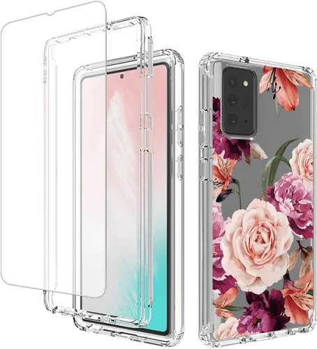 Vista 9 de Funda para Galaxy Note 20 5G, SM-N981U con protector de pantalla de vidrio templado, carcasa de cuerpo completo con diseño floral transparente