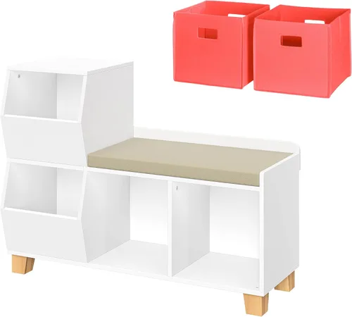 Vista 11 de RiverRidge Banco organizador de almacenamiento de juguetes para niños con cubos y cubos de juguetes para sala de juegos, organizador de cubos