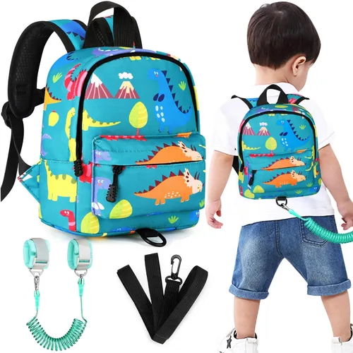 Vista 22 de Accmor Arnés de mochila de dinosaurio para bebés con correa para niños pequeños con eslabón de muñeca antipérdida, bonita bolsa de guardería