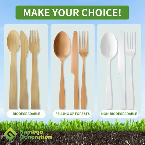 Vista 6 de Tenedores 100% de bambú – Utensilios desechables, biodegradables y compostables, cubiertos reutilizables o desechables para bodas, campamentos