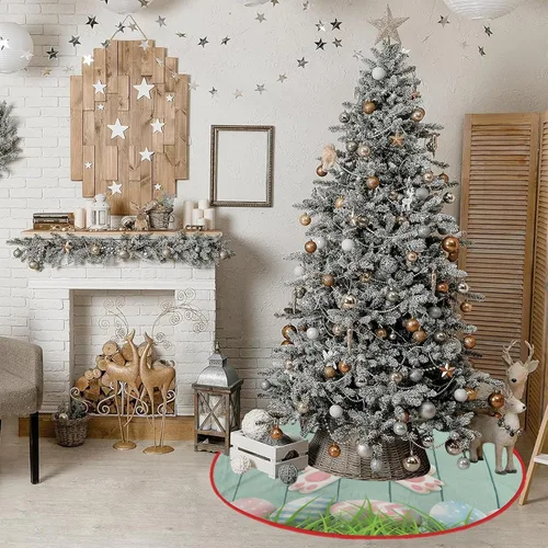 Vista 7 de Falda de árbol de Pascua, huevos de conejo de Pascua, falda de árbol de Navidad, tapete para fiestas de vacaciones, decoración de interiores