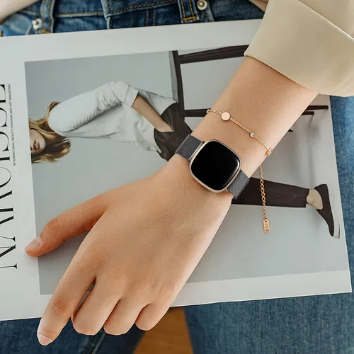 Vista 7 de Compatible con Correas Fitbit Sense Versa 4 Sense 2 y Versa 3 para Hombres Mujeres, Correa de Reemplazo de Malla Metálica Transpirable de Acero Negro