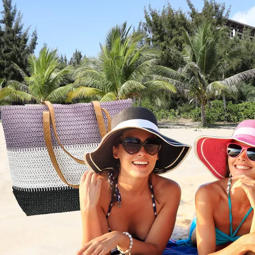 Vista 99 de Bolso grande de paja para mujer, tejido de ratán, bolso de playa de verano, a rayas
