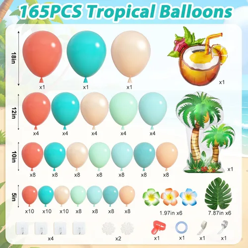 Vista 3 de Amandir Kit de guirnalda de arco de globos tropicales de 165 piezas, azul aguamarina, coral, rojo, rubor, verde pastel, globos de coco, hojas
