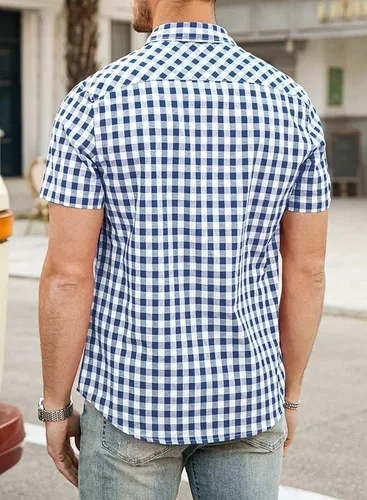 Vista 2 de JMIERR Camisas casuales con botones para hombre, de manga corta, 100% algodón, a cuadros para hombre