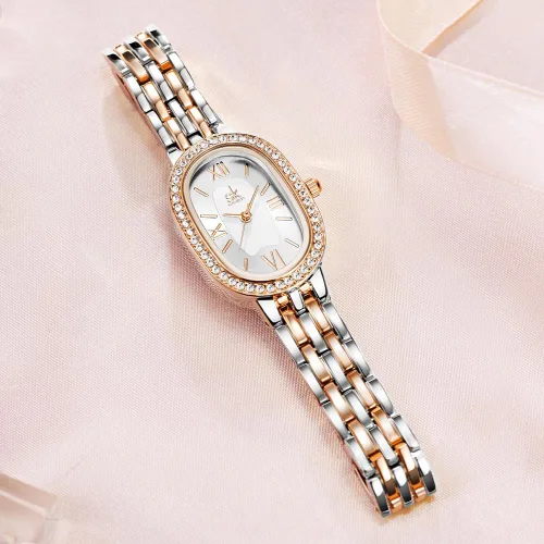 Vista 7 de SHENGKE SK - Reloj de pulsera de acero de aleación sólida con detalles de cristal ovalado para mujer