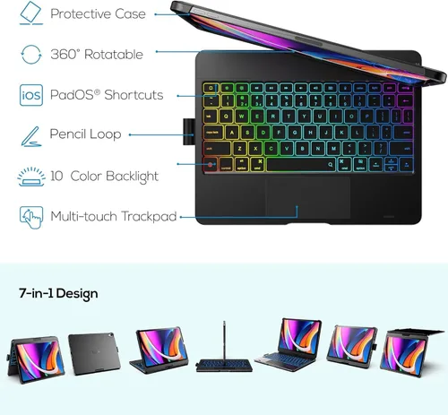 Vista 3 de typecase Funda con teclado táctil con trackpad para iPad Air de 11 pulgadas (M3 2025 / M2 2024) 2024: rotación de 360° - retroiluminación de 11