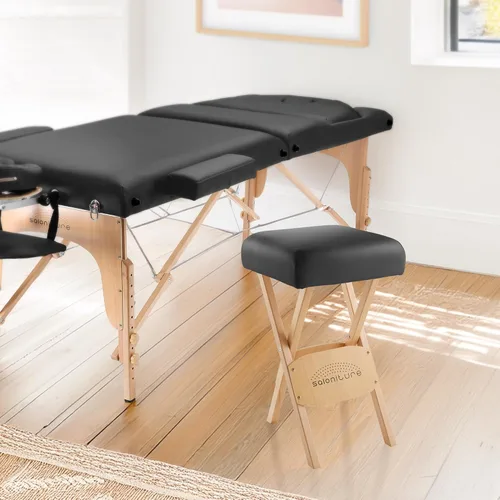 Vista 2 de Saloniture Taburete de masaje plegable de madera con estuche de transporte, negro