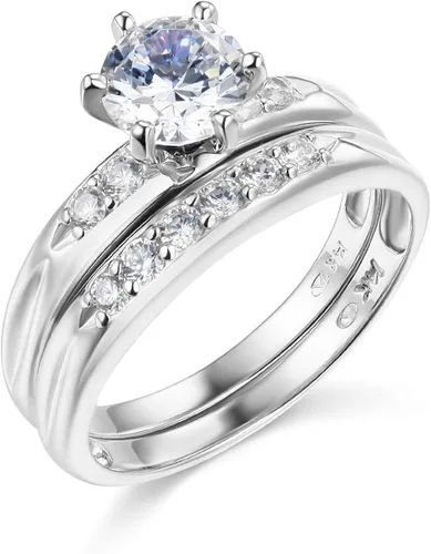 Vista 2 de Wellingsale - Anillo de compromiso de plata de ley 925 y alianza de boda, 2 piezas, tamaño 8
