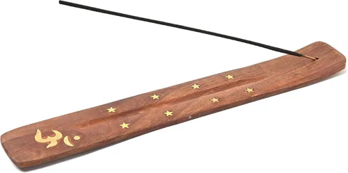 Vista 13 de Soporte de incienso de madera para palos con incrustaciones de luna creciente de latón de 10 pulgadas de largo