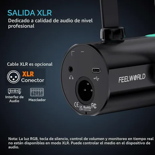 Vista 2 de FEELWORLD PM1 XLR USB Negro Metal Podcast Micrófono Dinámico con Escritorio
