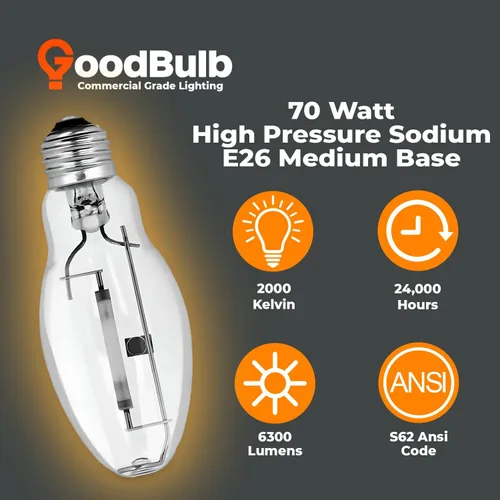 Vista 4 de Bombilla HID de sodio de alta presión de 70 W, base E26, ED17, código ANSI S62, 2000 K, color blanco cálido, acabado transparente, 24000 horas