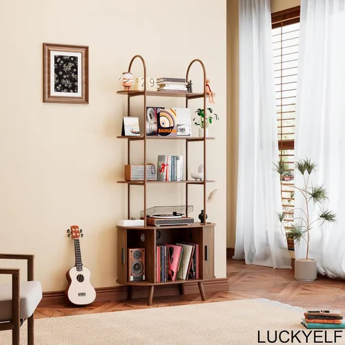 Vista 5 de Soporte Alto para Tocadiscos de Vinilo, Estantería de 4 Niveles con Puertas Corredizas, Gabinete Retro Pequeño para Almacenamiento de Discos