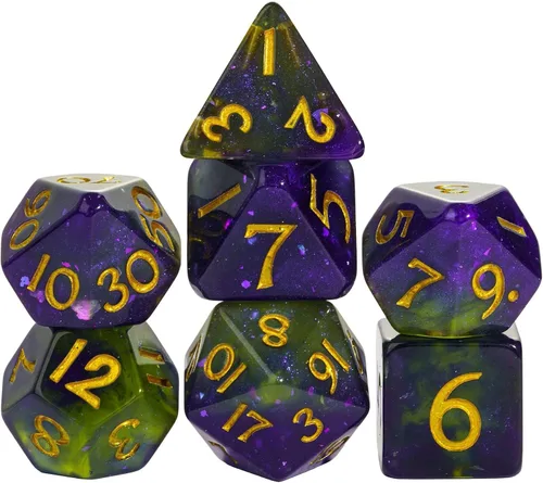 Vista 32 de Juego de dados de resina para DND, juego de 7 dados poliédricos negros D&D rellenos con papel de colores brillantes para juegos de rol