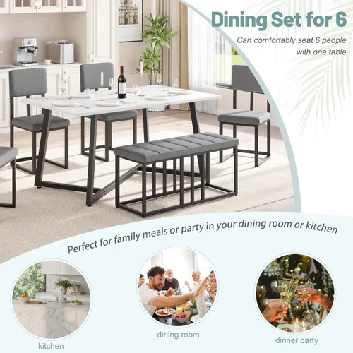 Vista 6 de HUGROVE Juego de mesa de comedor de 6 piezas, mesa rectangular de mármol sintético de 51.18 pulgadas con 4 sillas de comedor tapizadas de lino