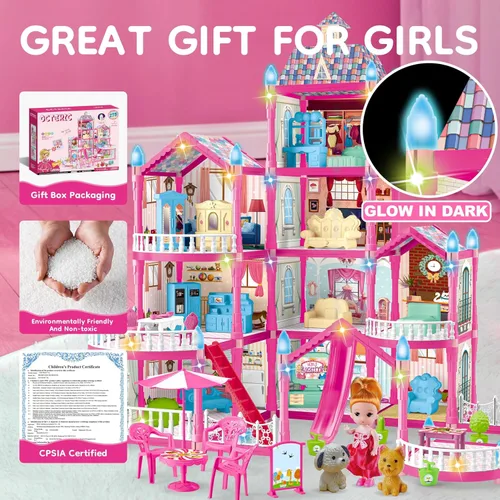 Vista 2 de OCTERIC Casa de Muñecas para Niñas, Casa de Muñecas Rosa de 10 Habitaciones con 2 Muñecas, Luces, Cachorros, Muebles, Accesorios, Casa