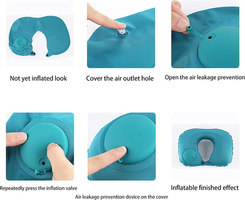 Vista 2 de Almohada inflable de viaje manual presurizada almohada inflable automática en forma de U azul claro transpirable cómoda almohada núcleo cervical