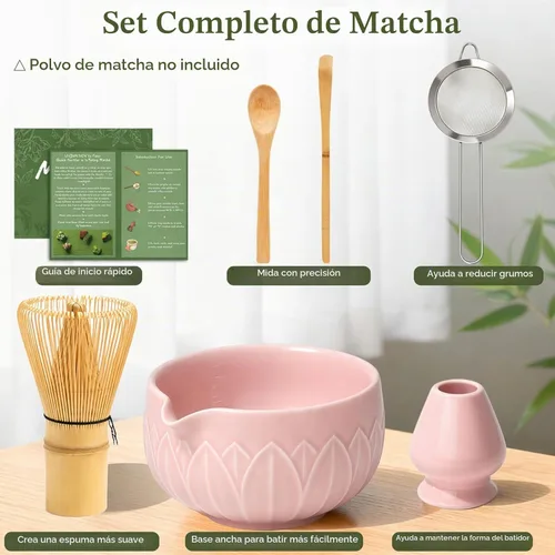 Vista 2 de Juego de batidor Matcha con cuenco de cerámica y cazador de bambú hoja rosado