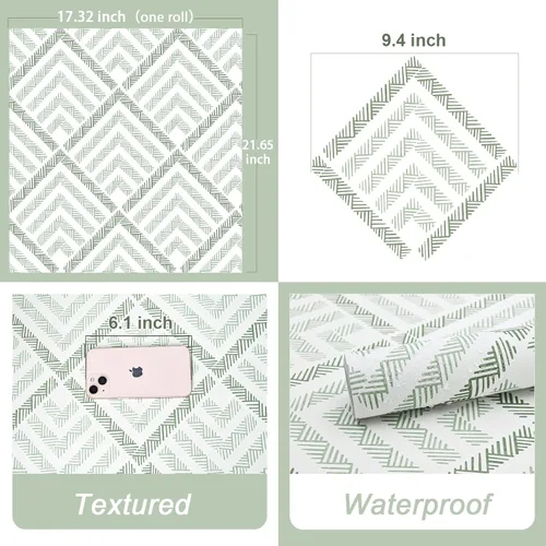 Vista 3 de Cohoo Home Papel tapiz geométrico verde y blanco para despegar y pegar, papel adhesivo para armarios y cajones, papel adhesivo bohemio verde