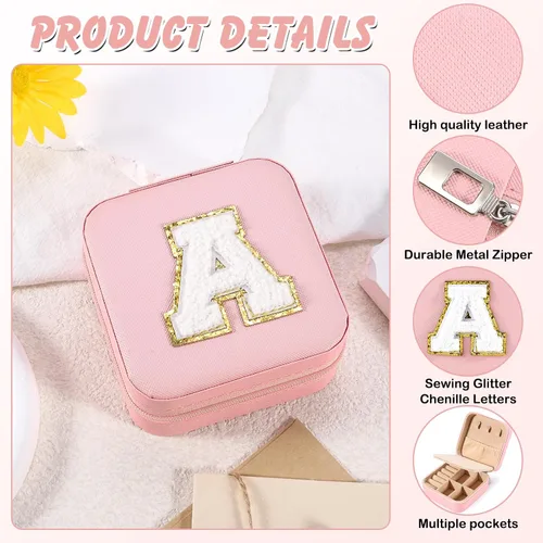 Vista 3 de URSKYTOUS Joyero de viaje con inicial, pequeño organizador de joyas, color rosa, portátil, personalizado, para adolescentes, niñas, mujeres, regalo