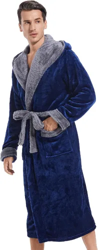 Vista 2 de Bata con capucha para hombre, bata de baño larga de felpa, acogedora y cálida, bata de spa con bolsillos