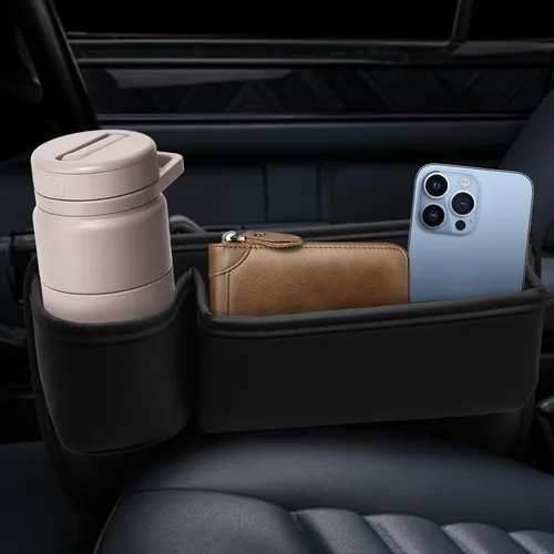 Vista 2 de Portavasos de cuero para automóvil, 2 piezas, relleno de huecos para asiento de automóvil con portavasos para tazas, gafas, tarjeta y llave Negro