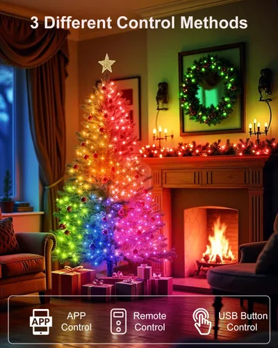 Vista 5 de Luces de Hadas Inteligentes Paquete de 2 Total 66 Pies 200 Luces LED de Cadena Parpadeantes con Control Remoto y APP, Luces de Árbol de Navidad USB