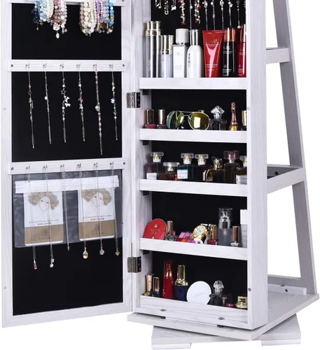 Vista 7 de sogesfurniture BHUS-QH-7021C - Armario de madera con cerradura y espejo de longitud completa, giratorio de 360, organizador de joyas con cerradura