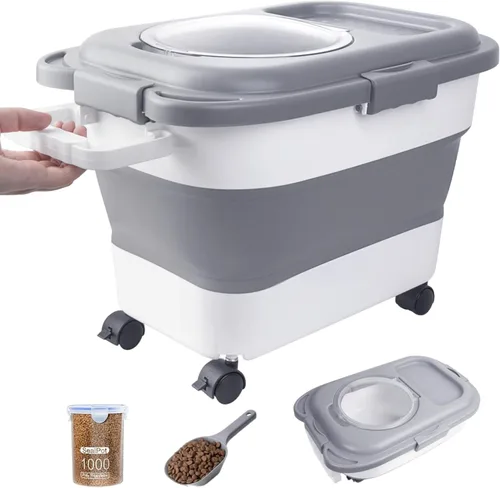 Vista 10 de Contenedor de almacenamiento de alimentos para perros de 20 a 23 libras, contenedor plegable para alimentos para perros con ruedas y cuchara
