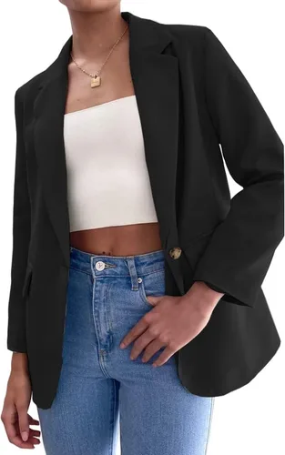 Vista 4 de Chaquetas casuales para mujer, con frente abierto, manga larga, botones, trabajo, oficina, con bolsillos