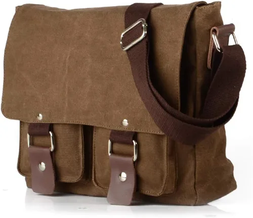 Vista 2 de morral de cuero y lona para computadora portátil + morral de lona para cámara Dslr Slr, marrón (2)