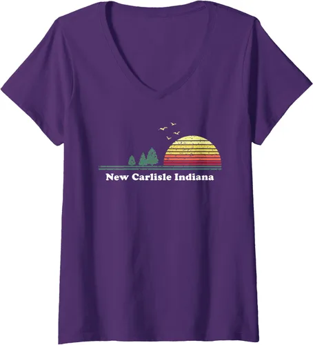 Vista 5 de Camiseta vintage para mujer Carlisle, Indiana Sunset Souvenir Print V-cuello