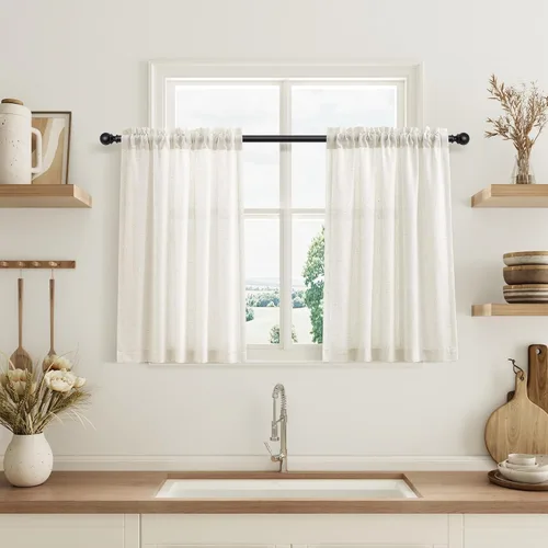 Vista 116 de Cortinas de lino verde aguamarina de 84 pulgadas de largo, juego de 2 paneles semitransparentes con bolsillo para barra para comedor, decoración