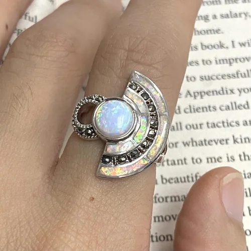 Vista 3 de Art Deco Style Egyptian Wallace Simpson Ring with Gilson Opal and Marcasite Stone 925 Sterling Silver