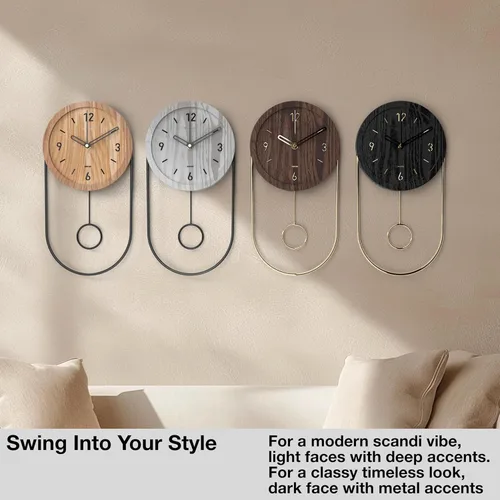 Vista 6 de Driini Reloj de pared decorativo con péndulo (negro) – Madera moderna, números dorados 3D, marco de metal – Relojes de pared pequeños y únicos
